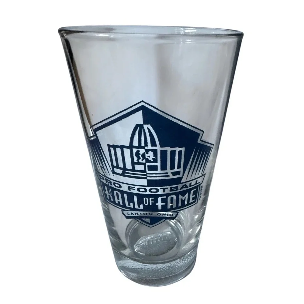 Pro Football Hall of Fame Souvenir Glass Tumbler Embossed Football Base Canton